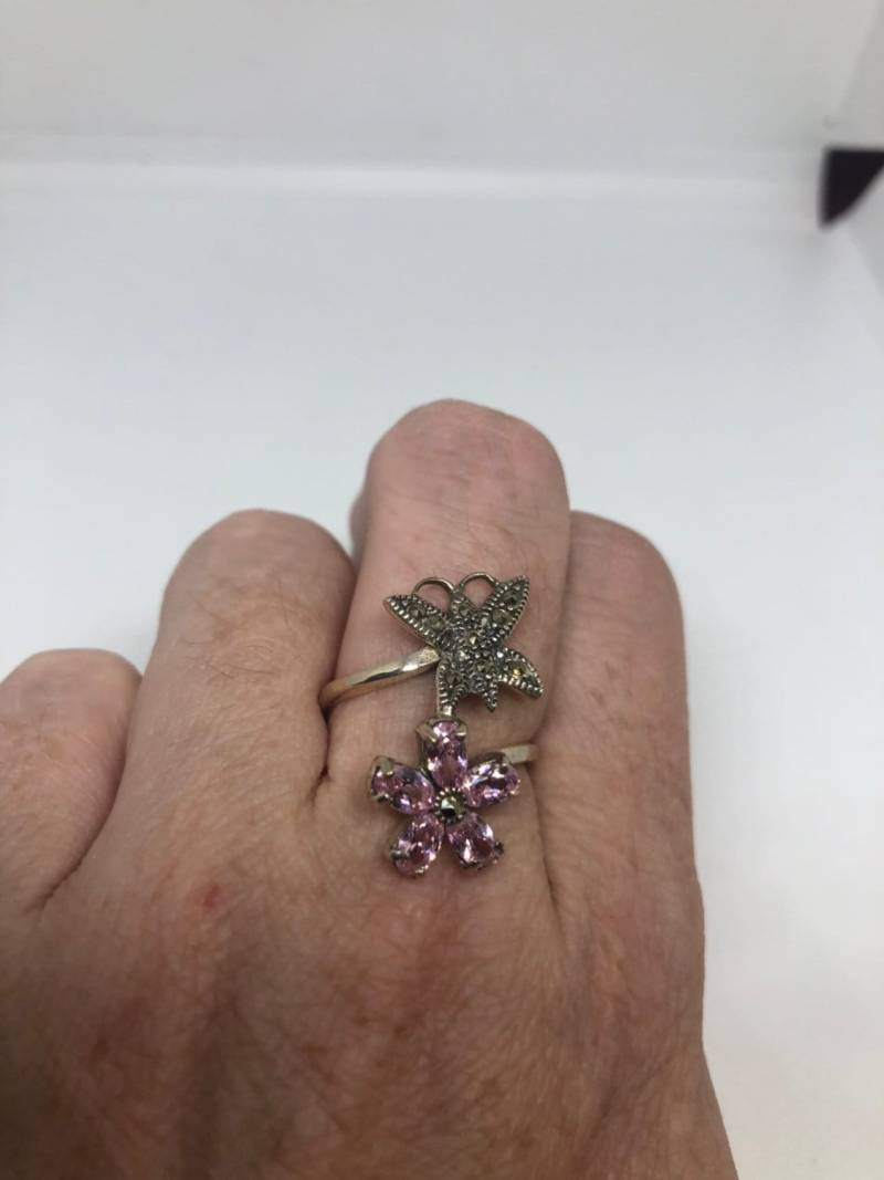 Vintage Handgemachte Echte Schweizer Markasiten Fassung 925 Sterling Silber Gothic Pink Cz Ring von NemesisJewelryNYC