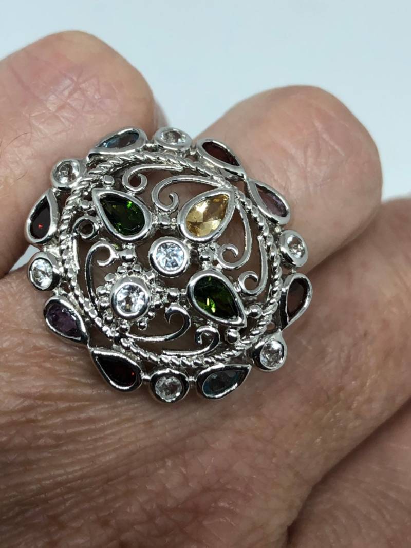 Vintage Handgemachte Echte Turmalin Und Weiße Saphir 925 Sterling Silber Gothic Blume Ring von NemesisJewelryNYC