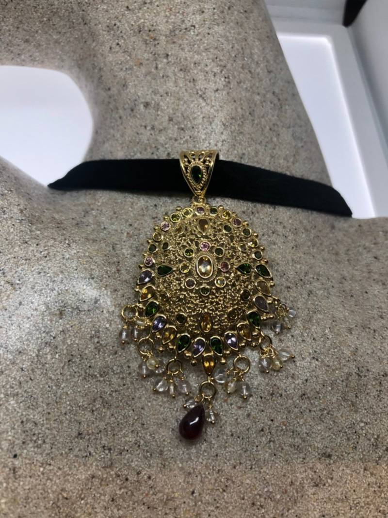 Vintage Handgemachte Goldene 925 Sterling Silber Echte Mixed Edelstein Turmalin Antike Anhänger Halskette von NemesisJewelryNYC