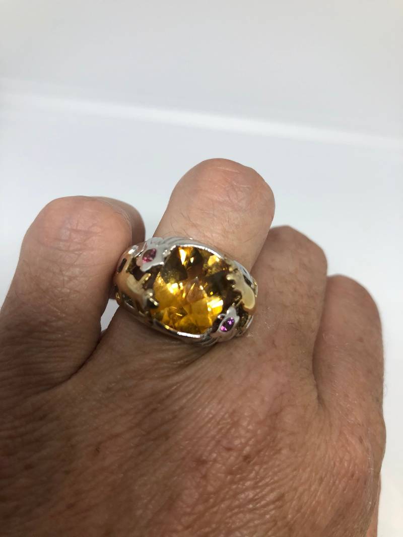 Vintage Handgemachte Goldene Echte Citrin Gold 925 Sterling Silber Gothic Ring von NemesisJewelryNYC
