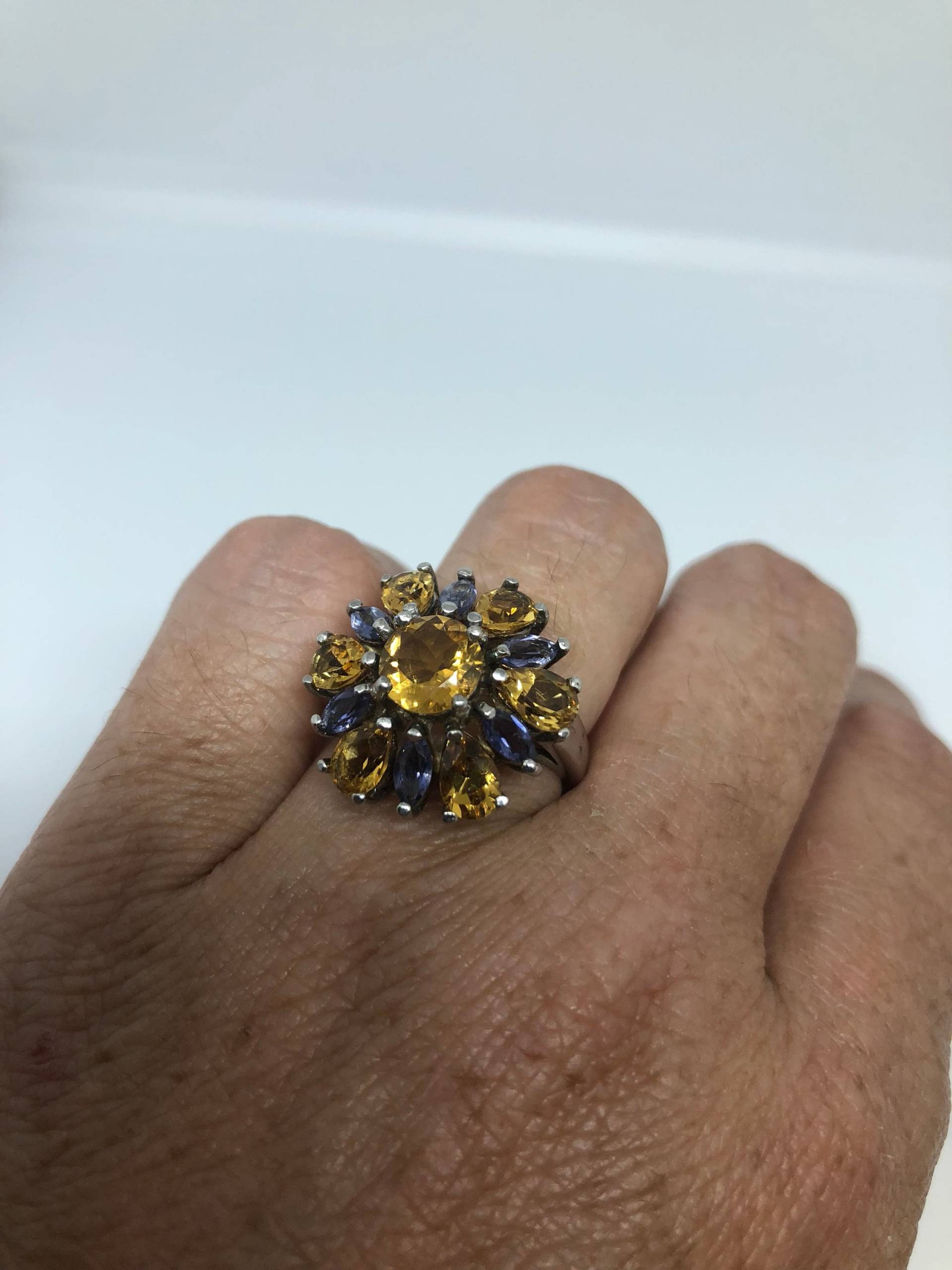 Vintage Handgemachte Goldene Echte Citrin Und Tansanit 925 Sterling Silber Gothic Ring von NemesisJewelryNYC