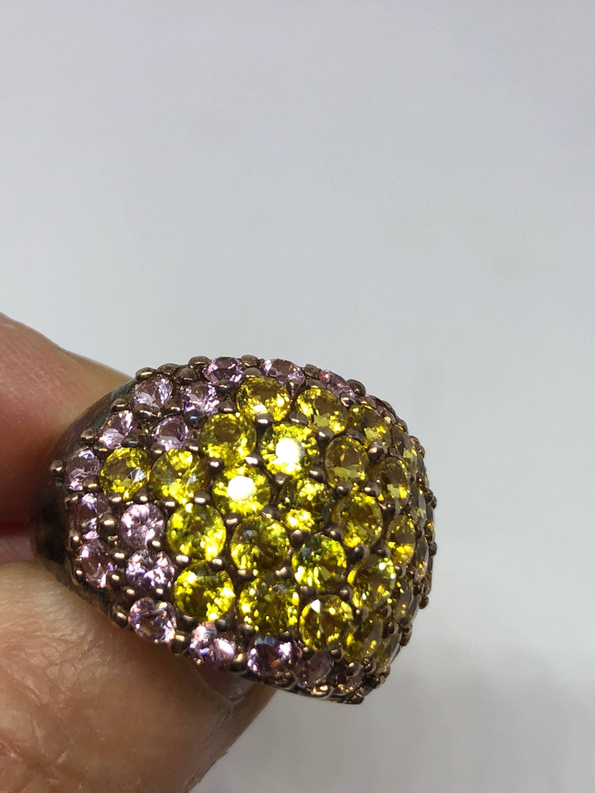 Vintage Handgemachte Goldene Echte Lemn Quarz Und Rosa Turmalin 925 Sterling Silber Gothic Ring von NemesisJewelryNYC