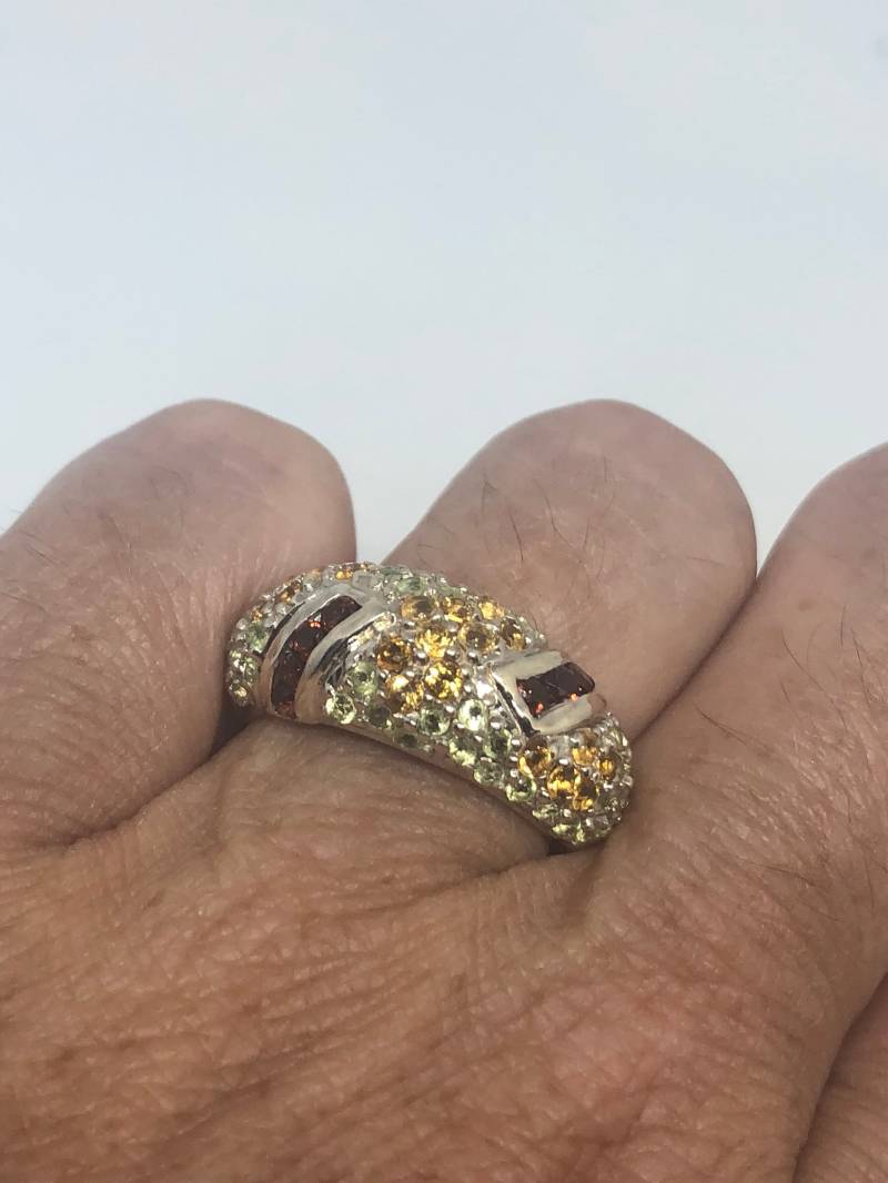 Vintage Handgemachte Goldene Echte Zitrin Und Granat 925 Sterling Silber Gothic Ring von NemesisJewelryNYC