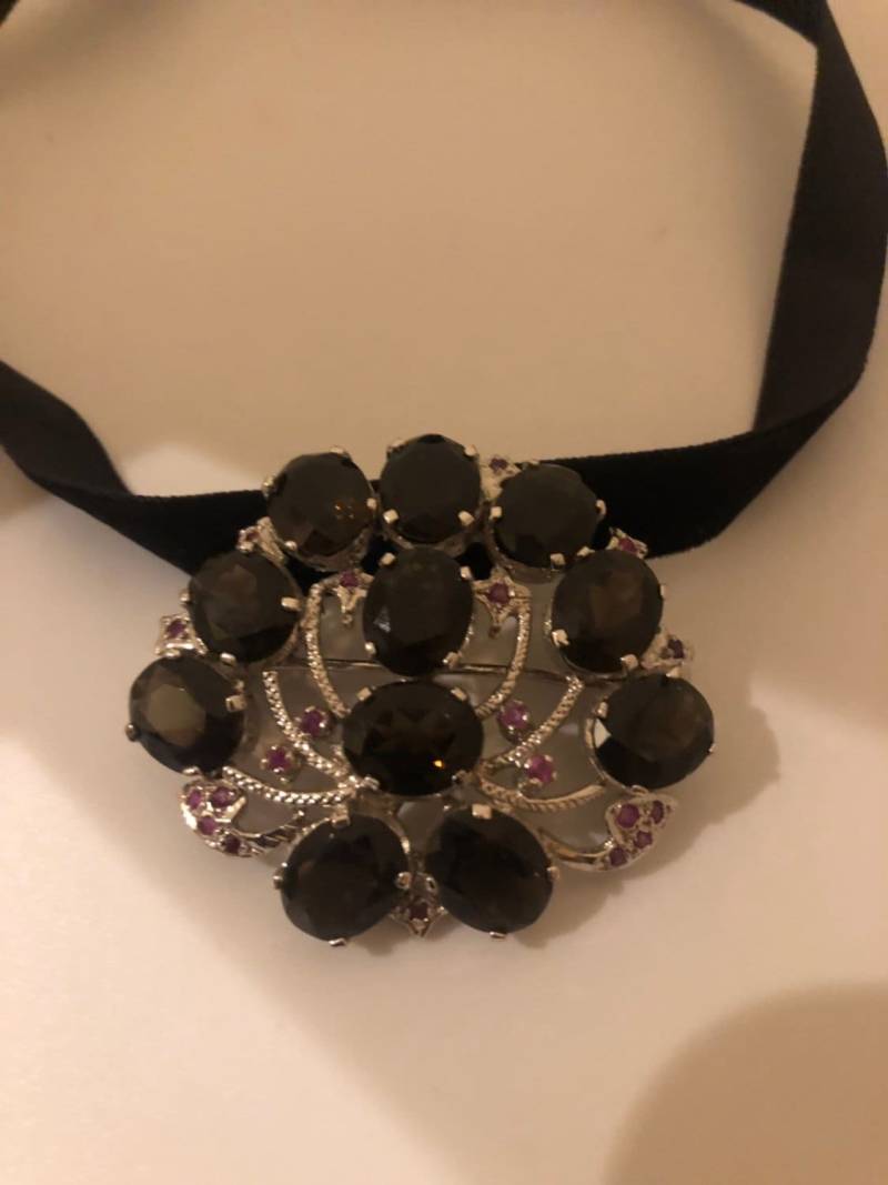 Vintage Handgemachte Rauchtopas Und Echtem Rubin 925 Sterling Silber Rhodium Brosche Halskette von NemesisJewelryNYC
