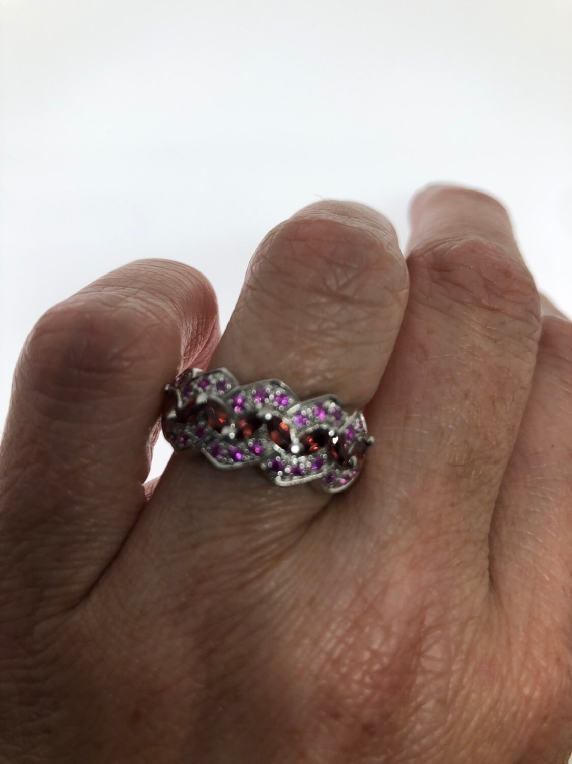 Vintage Handgemachte Rosa Rubin Und Granat 925 Sterling Silber Gothic Ring von NemesisJewelryNYC