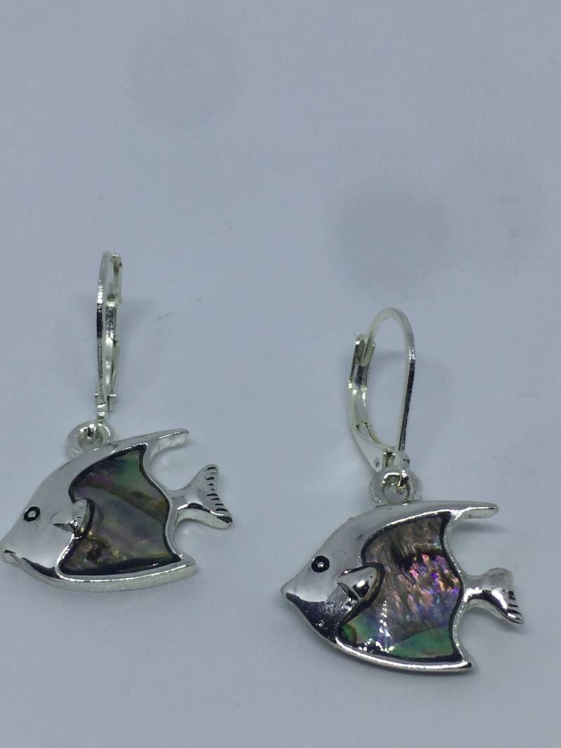 Vintage Handgemachte Silber Regenbogen Abalone Engel Fisch Ohrringe von NemesisJewelryNYC