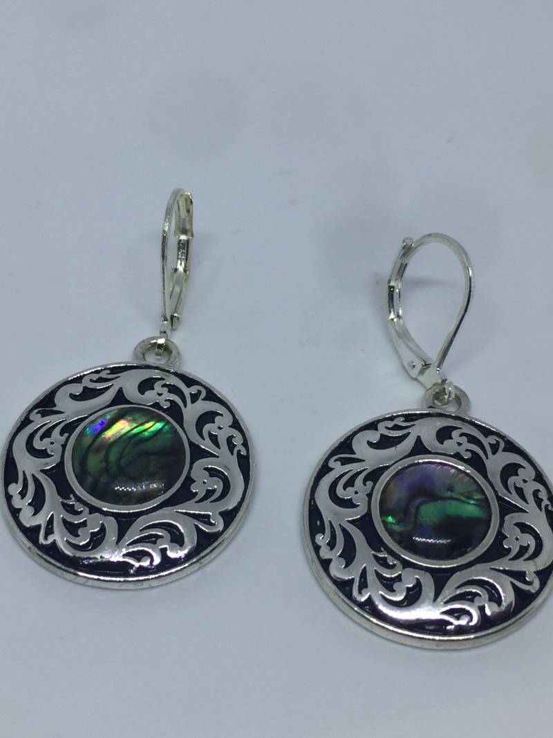 Vintage Handgemachte Silber Regenbogen Abalone Ohrringe von NemesisJewelryNYC