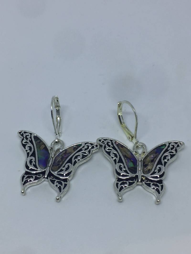 Vintage Handgemachte Silber Regenbogen Abalone Schmetterling Ohrringe von NemesisJewelryNYC