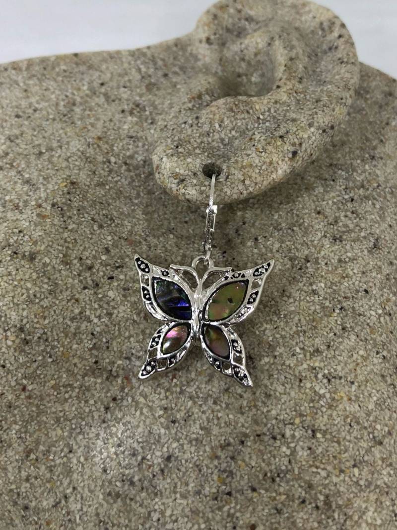Vintage Handgemachte Silber Schmetterling Regenbogen Abalone Ohrringe von NemesisJewelryNYC