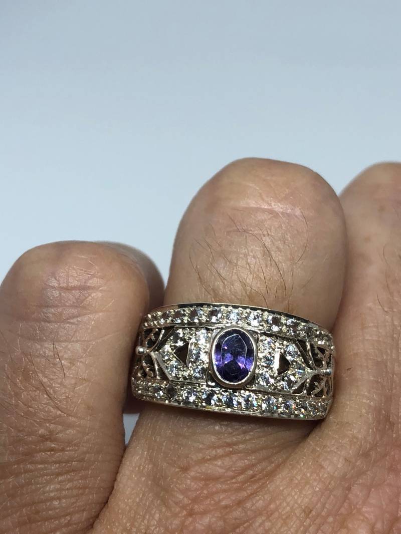 Vintage Handgemachte Tiefviolette Echte Amethyst-Einstellung 925 Sterling Silber Gothic Ring von NemesisJewelryNYC
