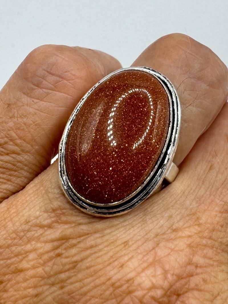 Vintage Handgemachter Boho Statement Gold Sandstein Silber Ring von NemesisJewelryNYC