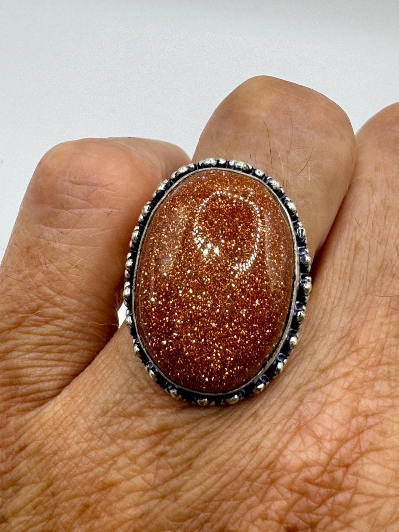Vintage Handgemachter Boho Statement Gold Sandstein Silber Ring von NemesisJewelryNYC