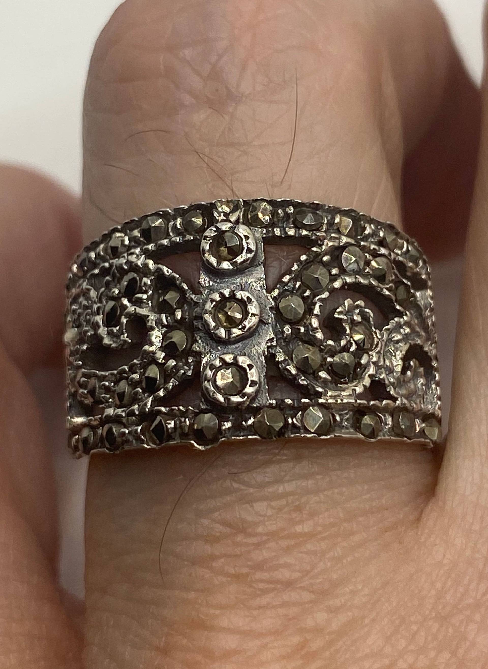 Vintage Handgemachter Echter Schweizer Markasiten 925 Sterling Silber Gothic Ring von NemesisJewelryNYC