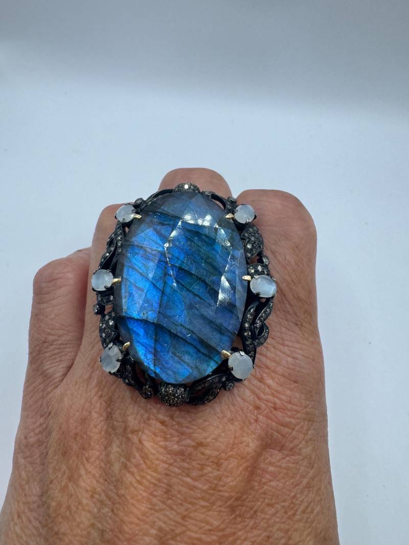 Vintage Labradorit Mit Diamanten in 925 Sterling Silber Und 18K Gold Ring Echter Mondstein - Genuine Diamond Revival Collection von NemesisJewelryNYC