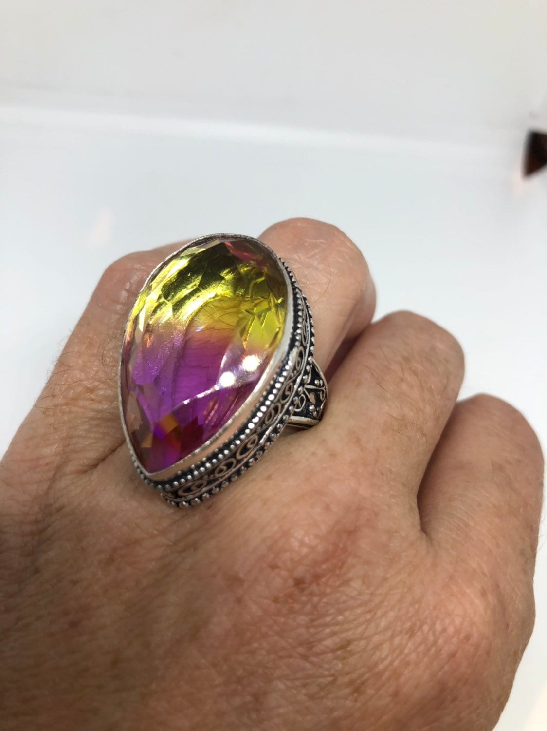 Vintage Glaskunst Ring, Neusilber, Größe 24 von NemesisJewelryNYC