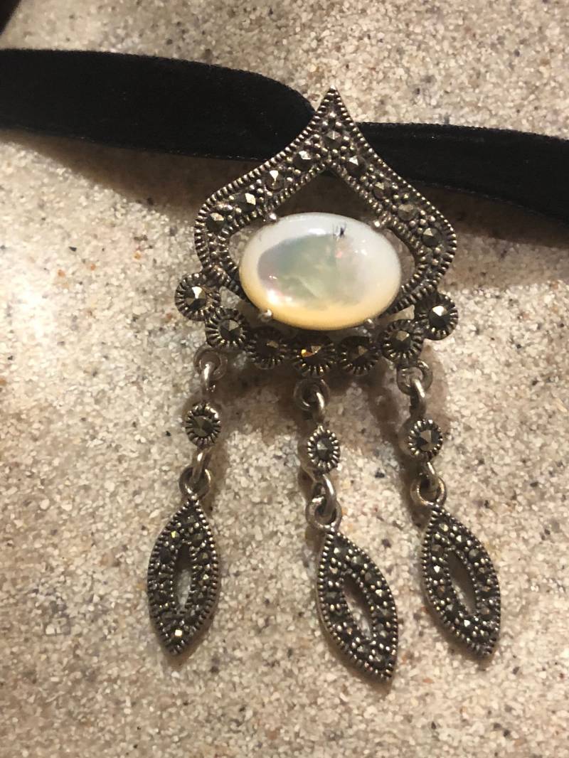 Vintage Markasit 925 Sterling Silber Perlmutt Anhänger Halskette von NemesisJewelryNYC