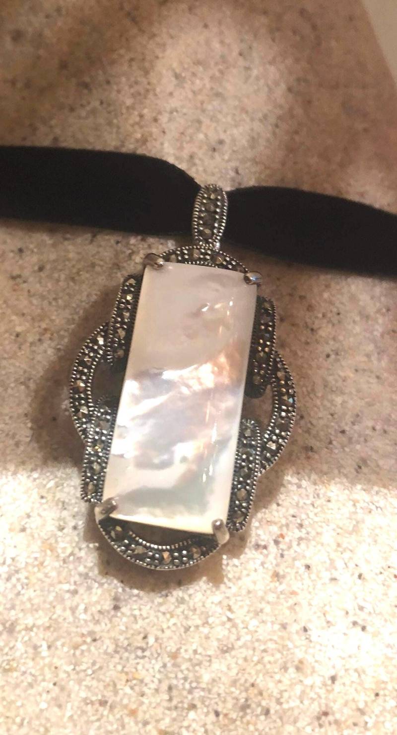 Vintage Markasit 925 Sterling Silber Perlmutt Anhänger Halskette von NemesisJewelryNYC