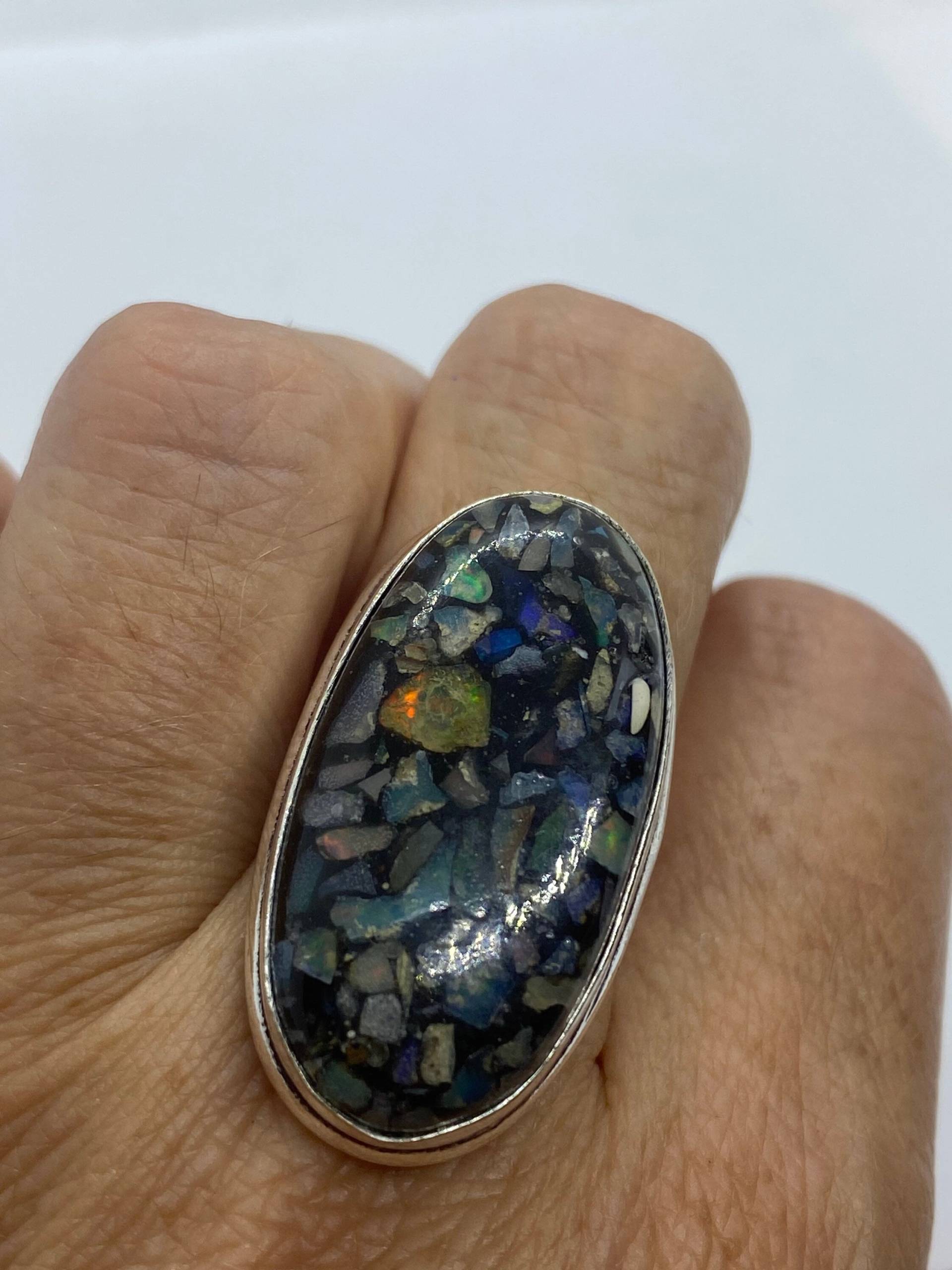 Vintage Opal Silber Inlay Ring von NemesisJewelryNYC