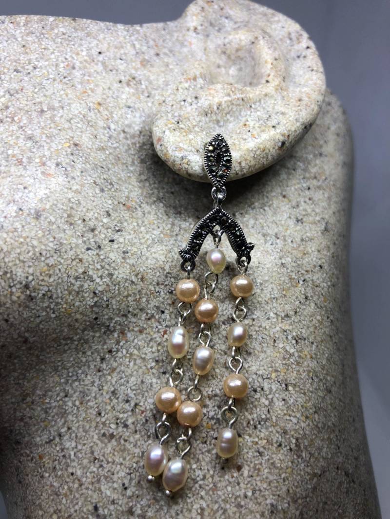 Vintage Perlen Ohrringe Markasit Süßwasserperle 925 Sterling Silber Kronleuchter von NemesisJewelryNYC