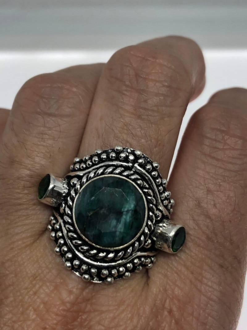 Vintage Roher Smaragd Silber Bronze Statement Ring von NemesisJewelryNYC