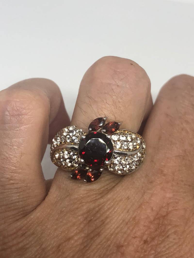 Vintage Rot Boho Granat Weißer Saphir 925 Sterling Silber Cocktail Statement von NemesisJewelryNYC