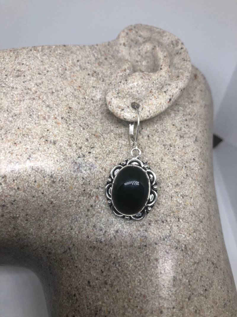 Vintage Schwarzer Onyx Ohrringe 925 Sterling Silber Deco Baumelnder Kronleuchter von NemesisJewelryNYC