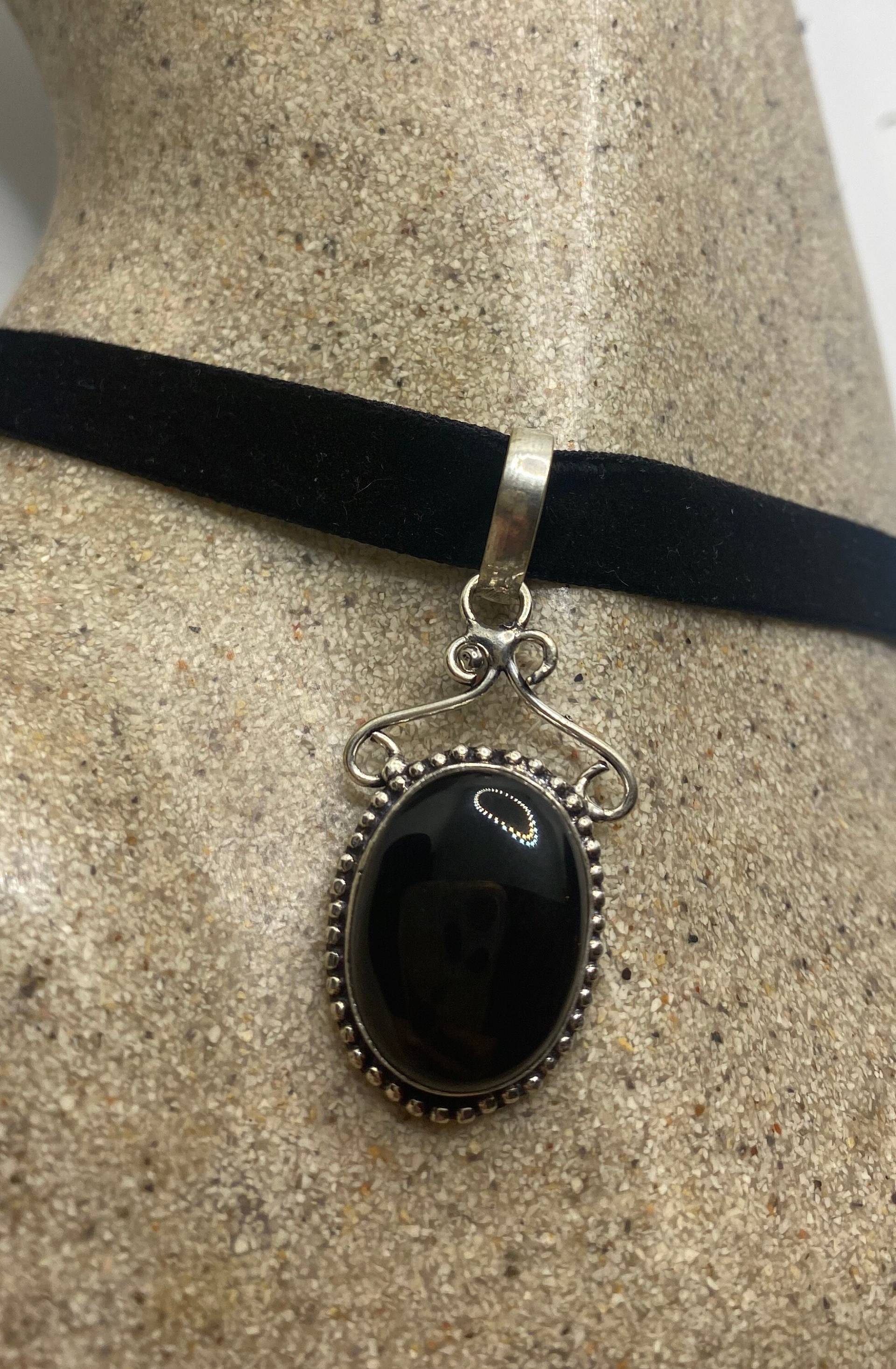 Vintage Silber Echt Schwarz Onyx Anhänger Halskette von NemesisJewelryNYC