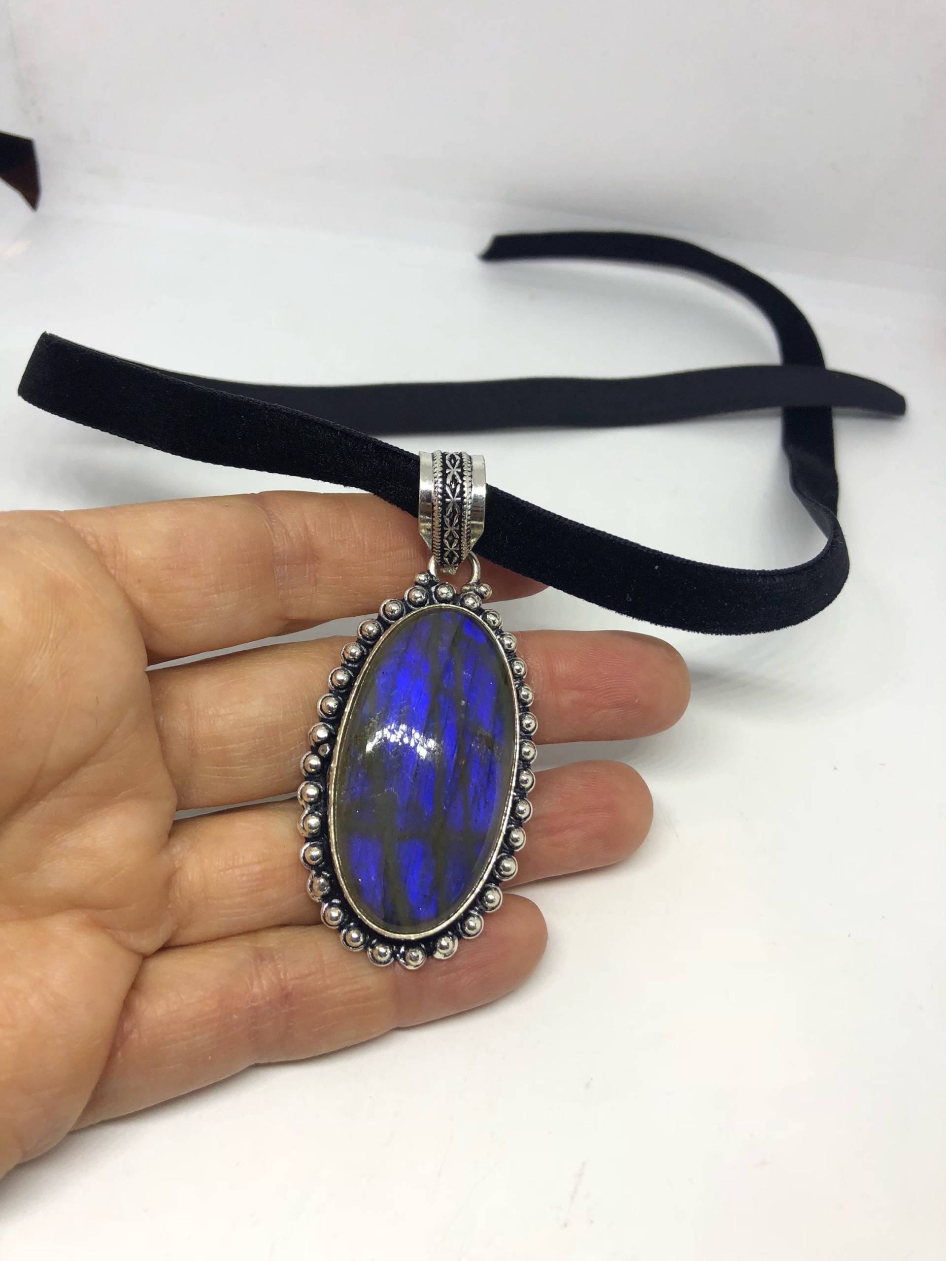 Vintage Silber Echte Blaue Labradorit Edelstein Halskette von NemesisJewelryNYC
