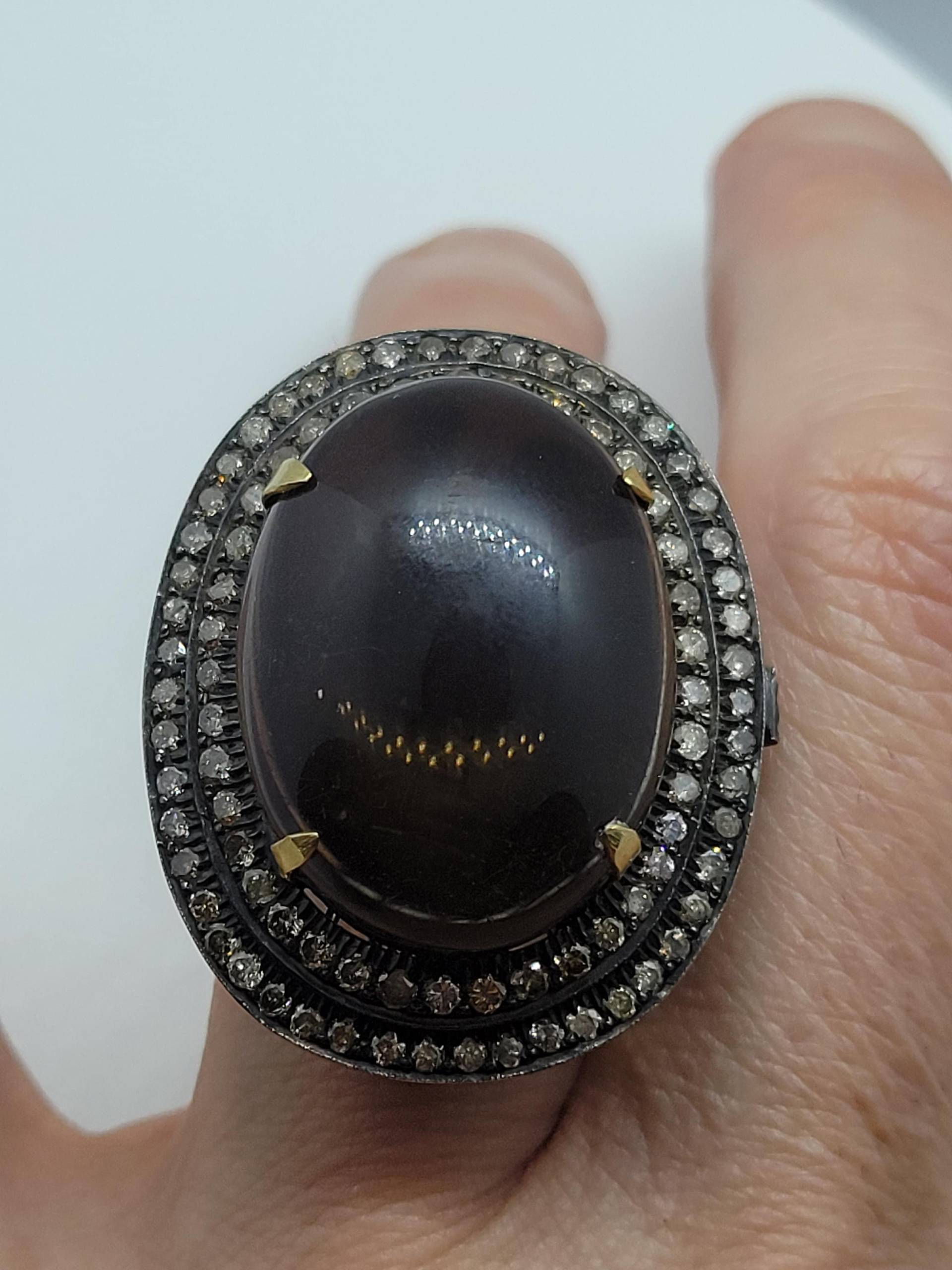 Vintage Smoky Topaz Mit Diamanten in 925 Sterling Silber Und 18K Gold Ring Genuine Diamond Revival Collection von NemesisJewelryNYC