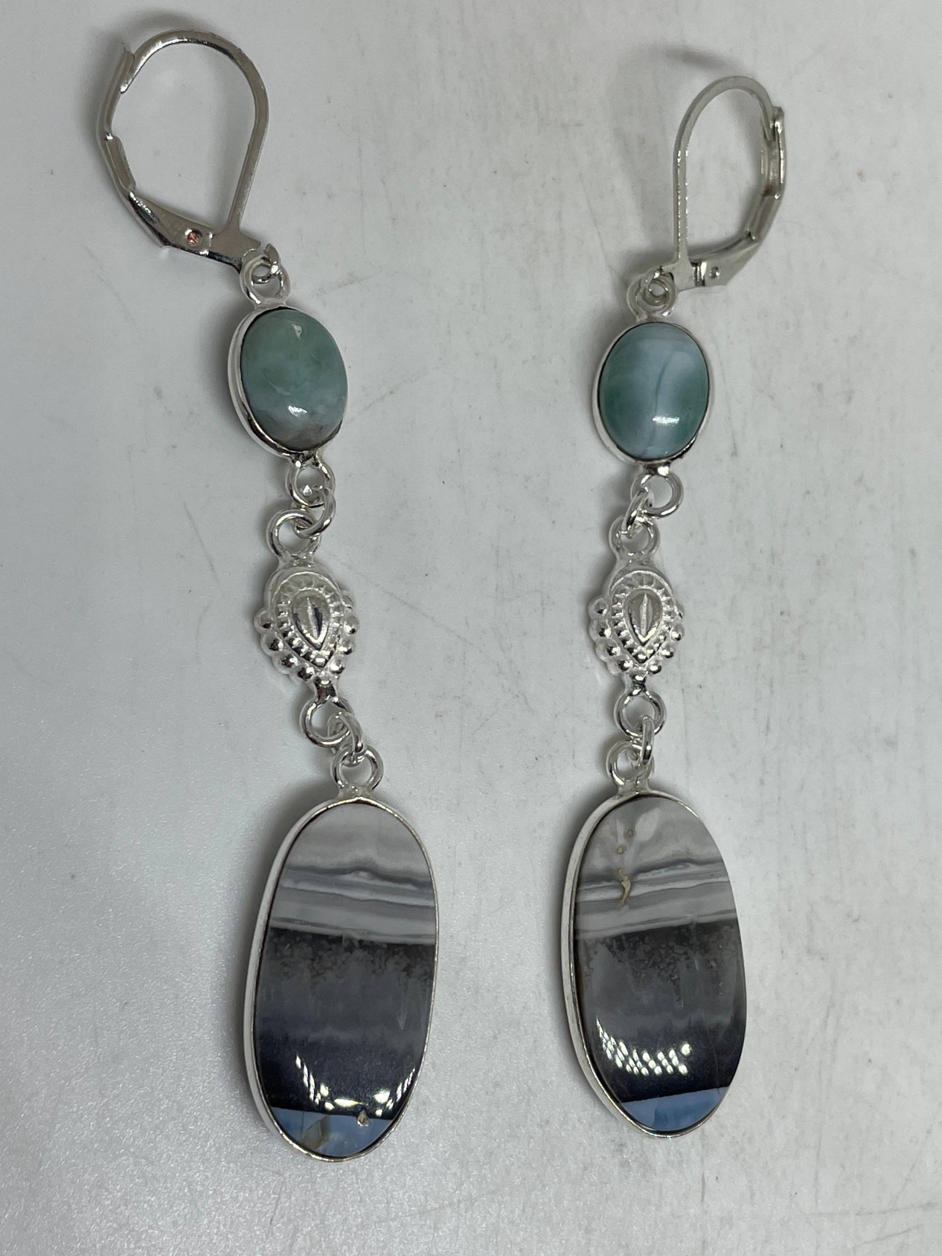 Vintage Sterling Silber Blau Türkis Larimar Und Achat Ohrringe von NemesisJewelryNYC