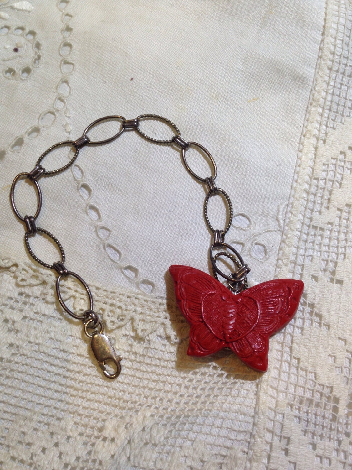 Vintage Streling Silber Echtes Zinnober Bettelarmband von NemesisJewelryNYC