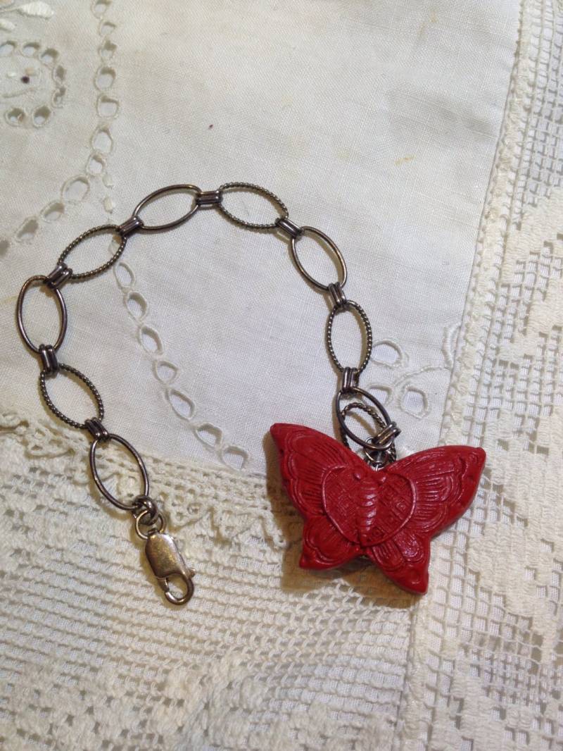 Vintage Streling Silber Echtes Zinnober Bettelarmband von NemesisJewelryNYC