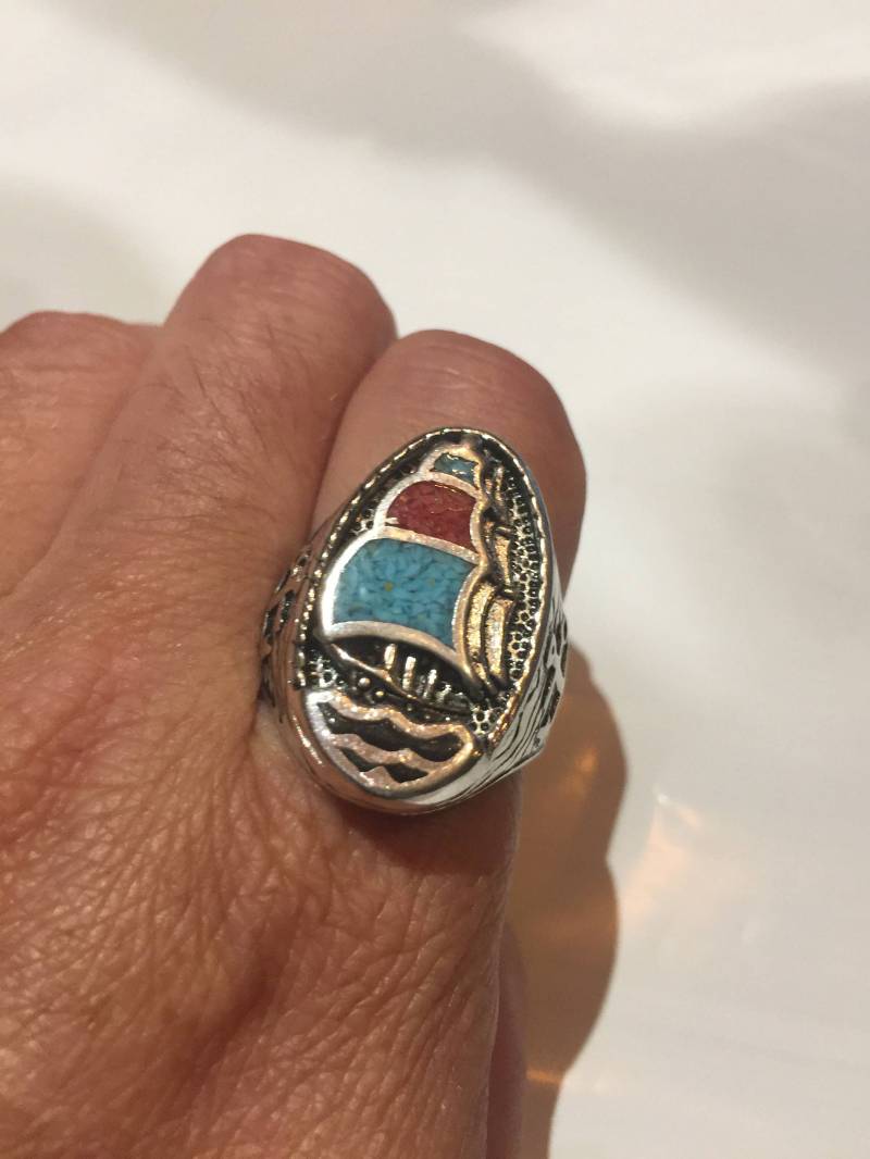 Vintage Südwestlichen Türkis Inlay Segelboot Herrenring von NemesisJewelryNYC