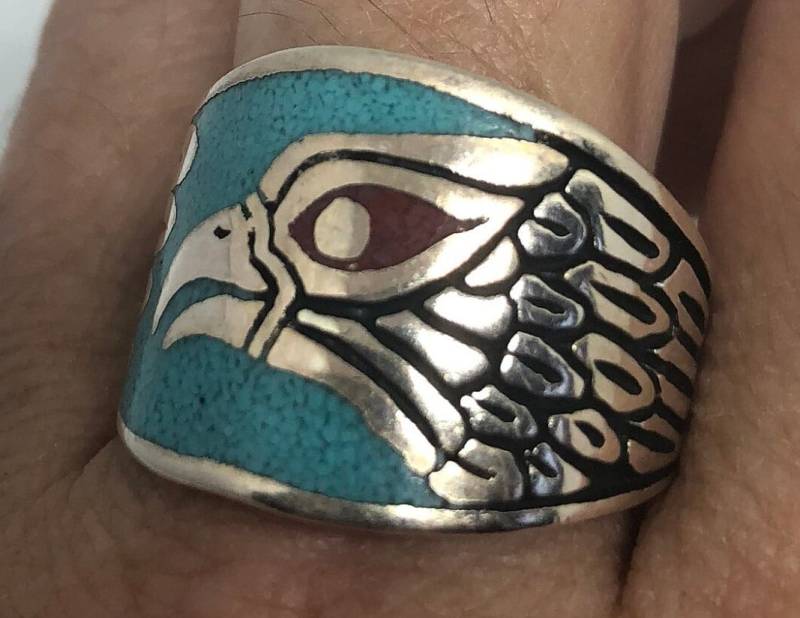 Vintage Ureinwohner-stil Südwestlichen Türkis-stein-Inlay Herren Hawk-Ring von NemesisJewelryNYC