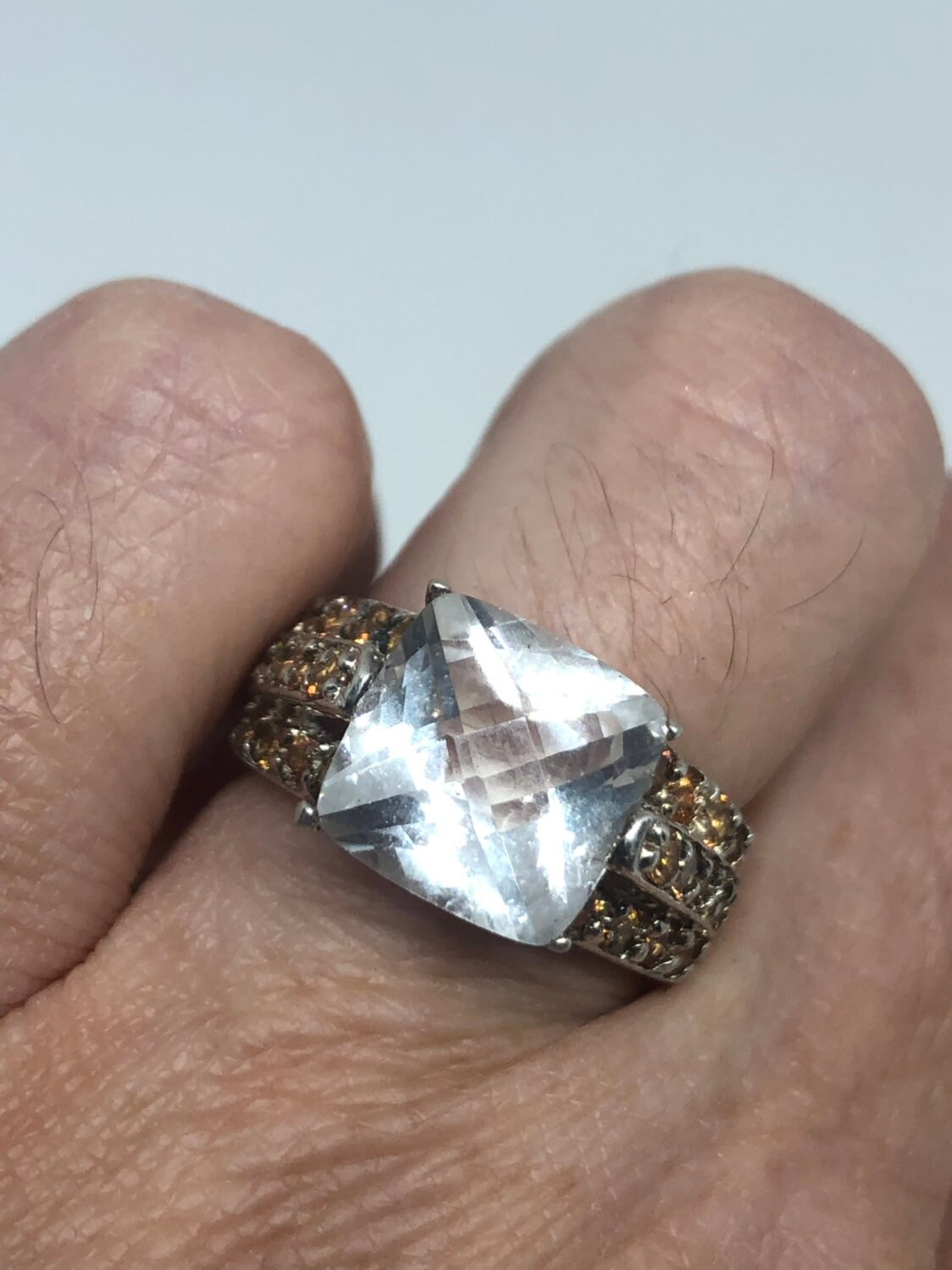 Vintage Weißer Saphir Kristall Citrin Sterling Silber Ring von NemesisJewelryNYC