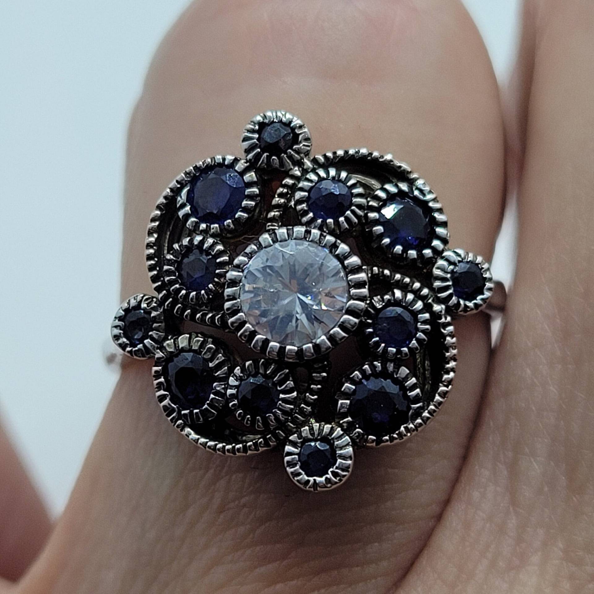 Vintage Weißer Saphir Und Blauer Ring Aus 925 Sterling Silber von NemesisJewelryNYC