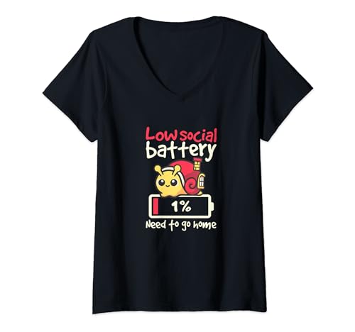 Damen Snail Low Social Battery muss nach Hause T-Shirt mit V-Ausschnitt Damen Snail Low Social Battery muss nach Hause T-Shirt mit V-Ausschnitt von NemiMakeit