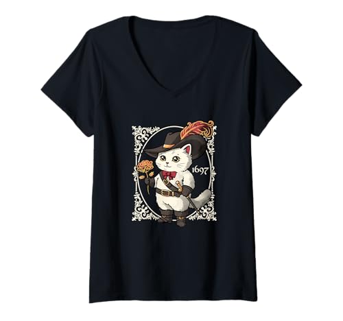 Damen Süße Steampunk-Katze mit Stiefeln, T-Shirt für Katzenliebhaber und Fechter T-Shirt mit V-Ausschnitt von NemiMakeit