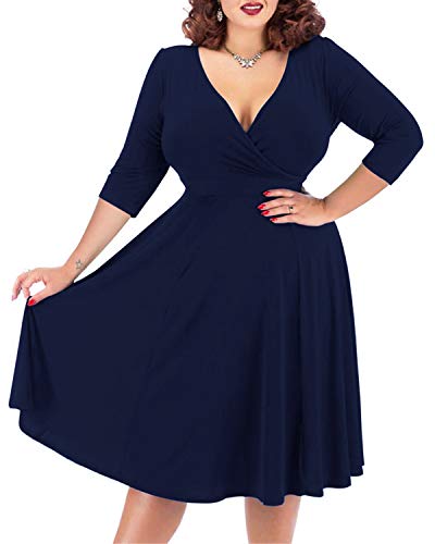 Nemidor® Damen V-Ausschnitt Stretch Casual Midi Plus Size Brautjungfernkleid, Navy+Sleeve, 48 Mehr von Nemidor
