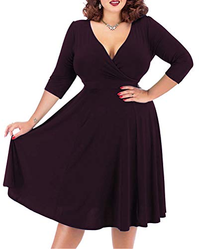 Nemidor Kleid in Übergröße für kurvige Frauen, lässig, Herbst, V-Ausschnitt, 3/4-Ärmel, Midi-Cocktailkleid, Vintage-Kleid mit Tasche, Violett + Ärmel, 44 Mehr von Nemidor