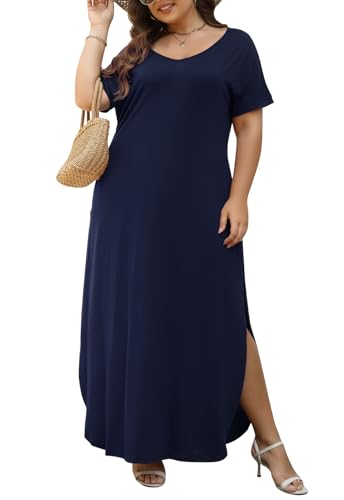 Nemidor Damen Casual Lose Tasche Langes Kleid Kurzarm Plus Size Schlitz Maxikleid - Blau - 52 Mehr von Nemidor