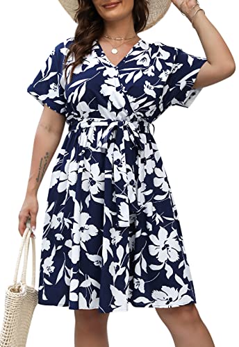 Nemidor Damen Casual NEM295 Übergröße Sommer Boho Swing Wickelkleid Blumendruck mit Taschen, blau / weiß, 46 Mehr von Nemidor