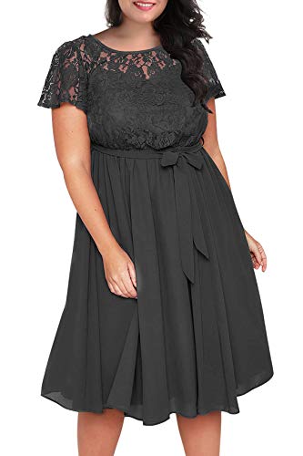 Nemidor, Kleid, Damen, mit U-Ausschnitt, florales Spitzen-Oberteil, Übergröße, für Cocktail-Partys, Midi-Kleid - Grau - 26W von Nemidor