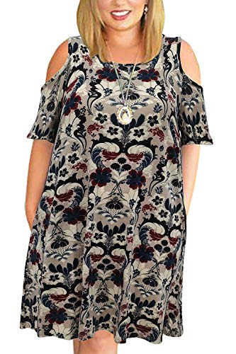 Nemidor Damen Cold Shoulder Plus Size Casual T-Shirt Swing Kleid mit Taschen, Kaffee-Blume, 46 Mehr von Nemidor