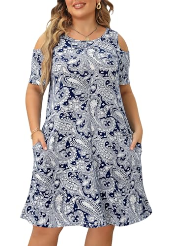 Nemidor Damen Cold Shoulder Plus Size Casual T-Shirt Swing Kleid mit Taschen - Blau - 46 Mehr von Nemidor