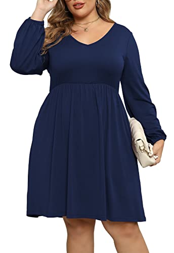 Nemidor Damen Kleid NEM321 mit V-Ausschnitt, langen Puffärmeln, Übergröße, lässig, fließend, Swing-Kleid mit Tasche, Marineblau, 52 Mehr von Nemidor