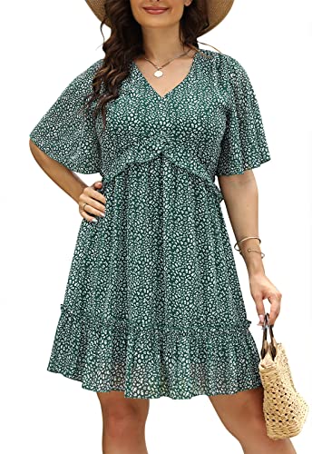 Nemidor Damen Lose Plus Size Sommer Ditsy Blumendruck Rüschen Mini Flowy Kleid NEM314, Grüner Leopard, 44 Mehr von Nemidor