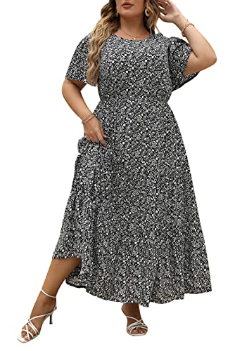 Nemidor Damen Maxikleid mit Tasche, Boho-Ditsy, Blumendruck, lässig, ausgestellt, Übergröße, NEM304, Schwarz (mit Aufdruck), 50 Mehr von Nemidor