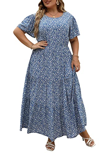 Nemidor Damen Maxikleid mit Tasche, Boho-Ditsy, Blumendruck, lässig, ausgestellt, Übergröße, NEM304, blau / weiß, 48 Mehr von Nemidor