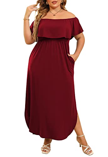 Nemidor Damen Obere Volantschicht Schulterfrei Plus Size Schlitz Maxikleid NEM200 - Rot - 56 Mehr von Nemidor